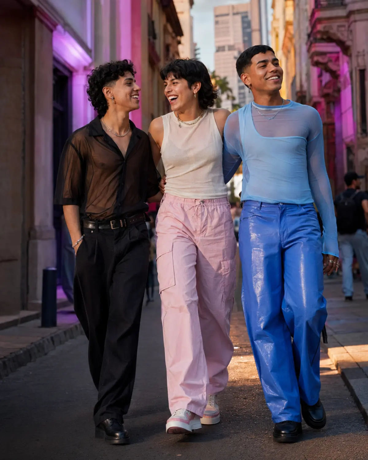 Tres personas LGBTQ+ caminando juntas con orgullo